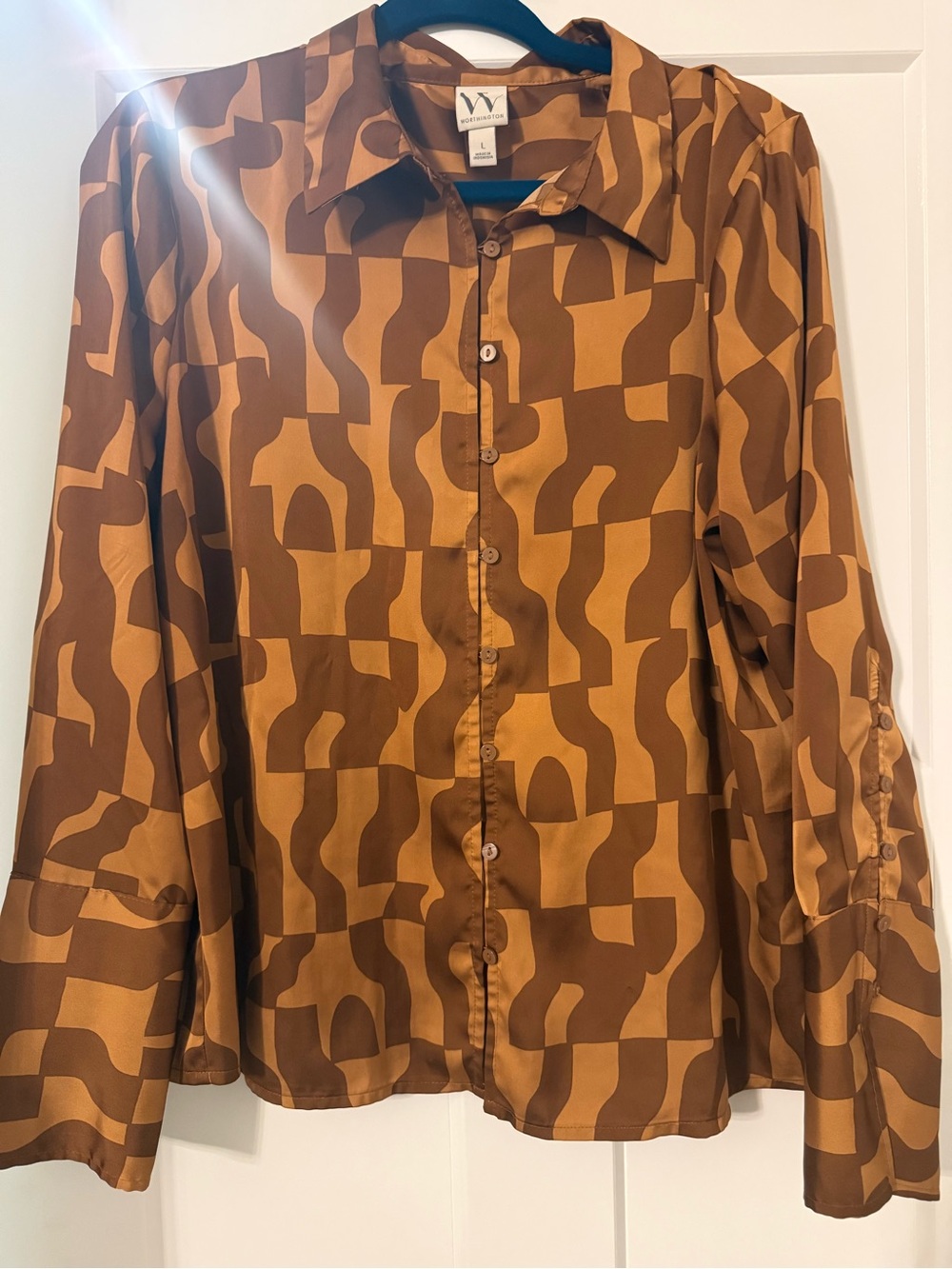 Worthington Brown & Tan Geometric Button-Up Blouse